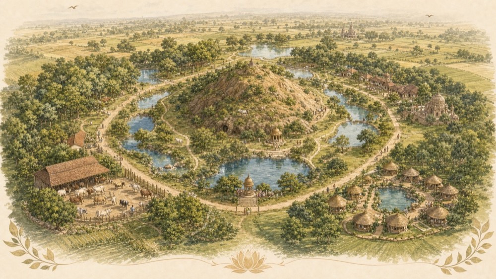 Refined visual of the Giriraj Govardhan landscape with kundas, forests, cow protection, and retreat areas