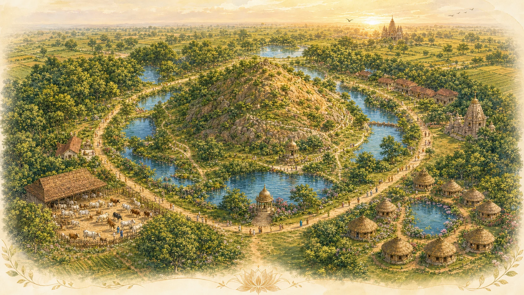 Warm painted visual of the Giriraj Govardhan landscape with kundas, forests, cow protection, temples, paths, and village staycation areas