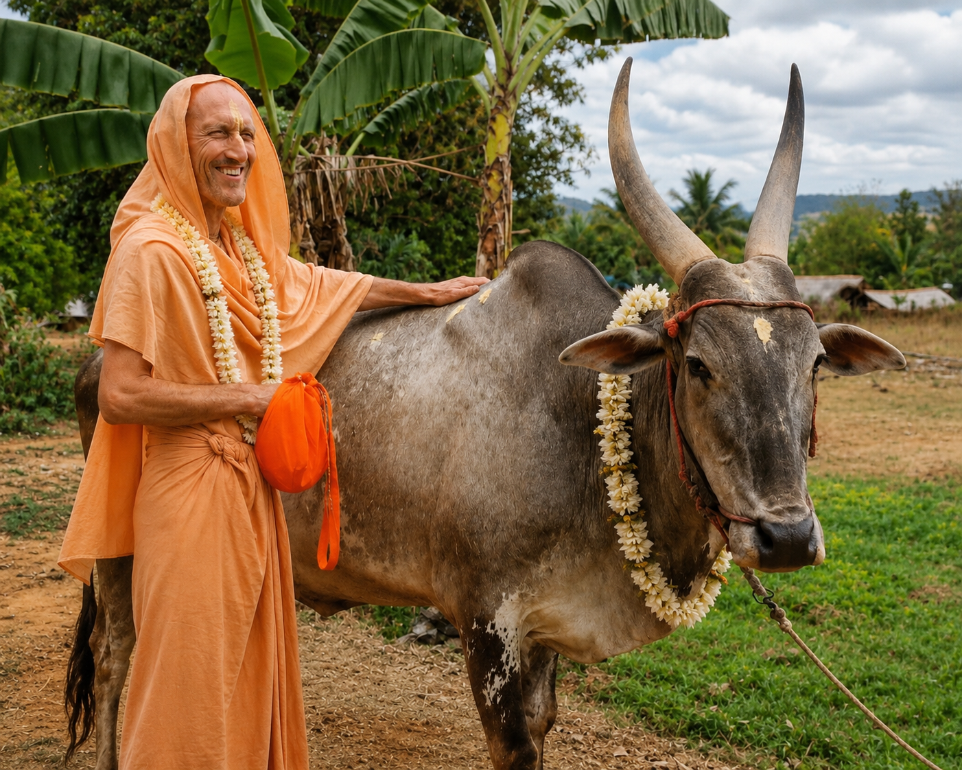 HH Bhakti Vikasa Swami Maharaj with a protected cow in a rural farm setting
