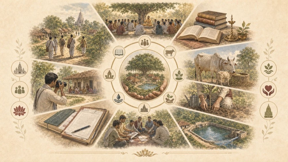 Refined visual showing books, satsang, cow protection, tree planting, field reports, and donor transparency