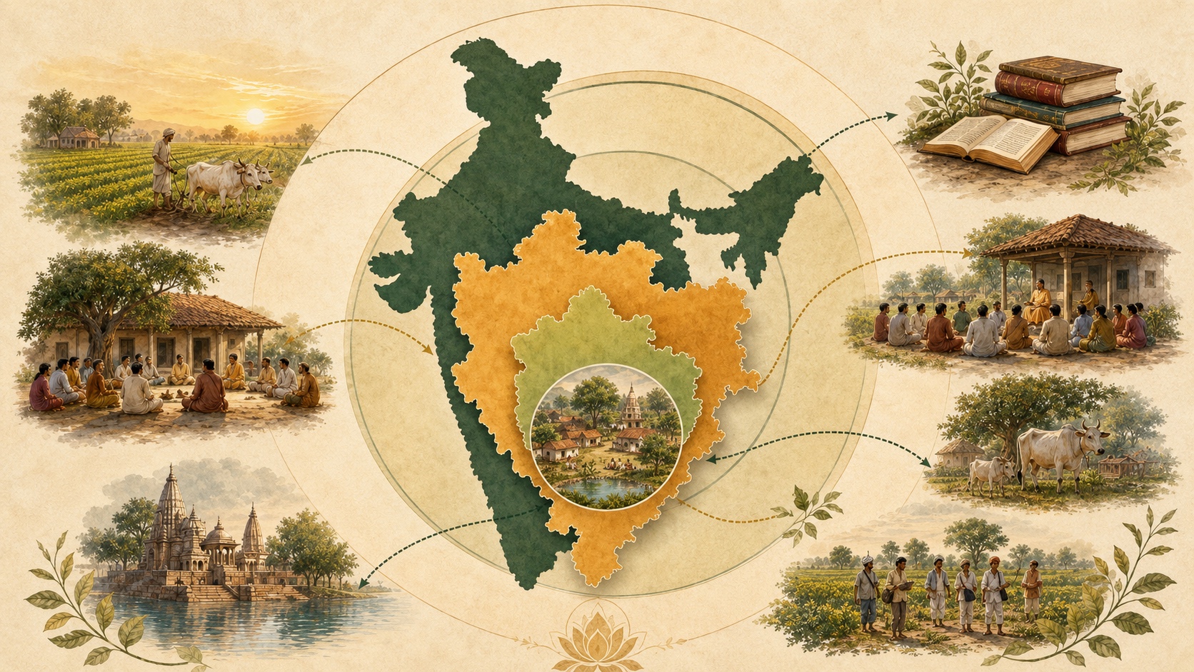 Refined visual showing India, Madhya Pradesh, Vidisha, and the Save the Village mission scale