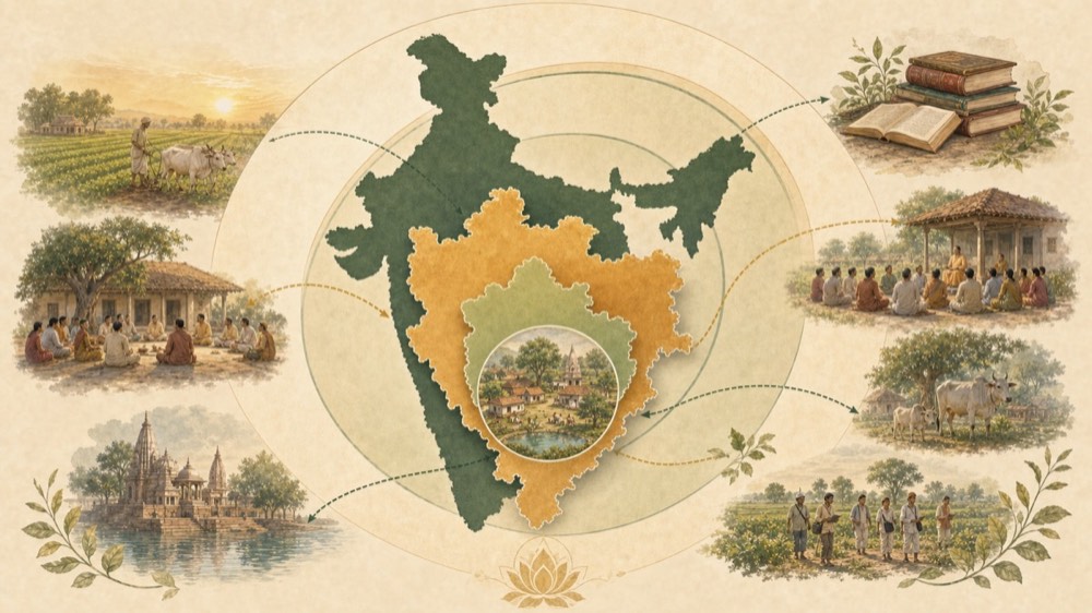 Refined visual showing India, Madhya Pradesh, Vidisha, and the Save the Village mission scale