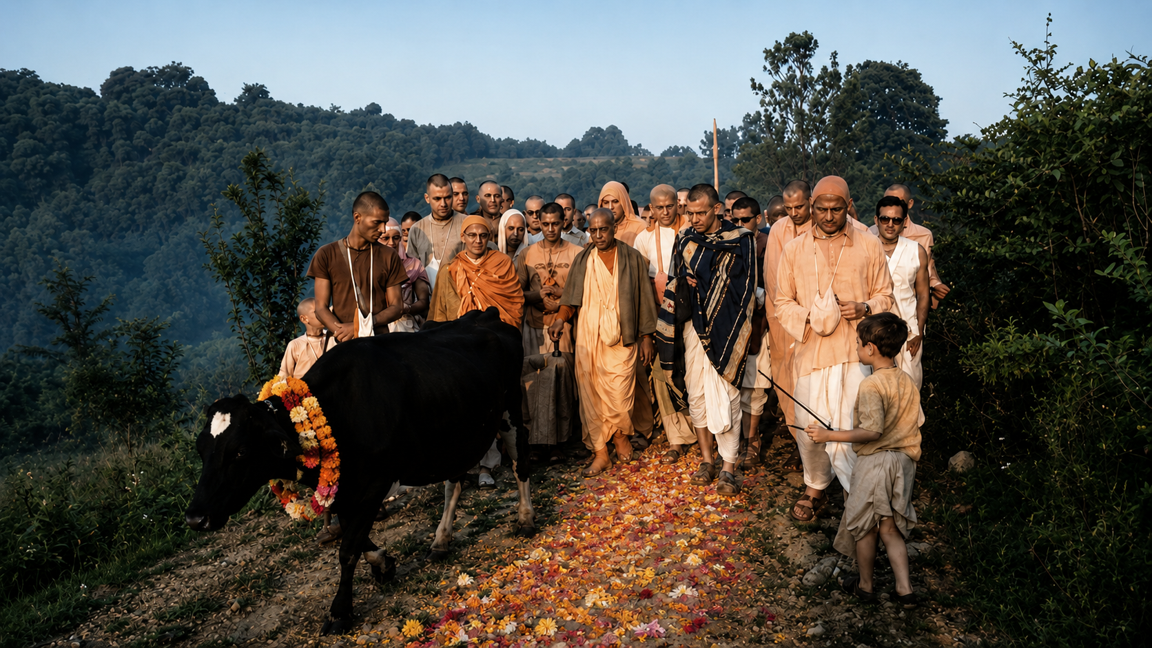 Srila Prabhupada walking with devotees, a cow, and a child on a rural farm path