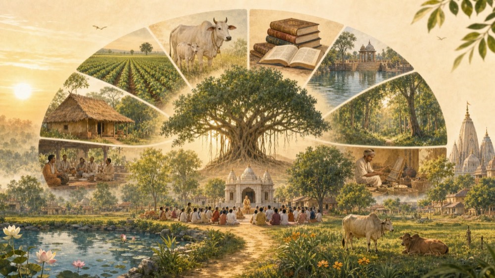 Refined visual of Srila Prabhupada's village vision rooted in Krishna, land, cows, books, and community