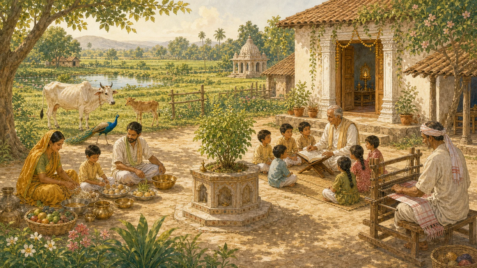 Sunlit village courtyard with tulsi, cow and calf, prasadam preparation, sacred learning, weaving, clean water, fields, and a small shrine